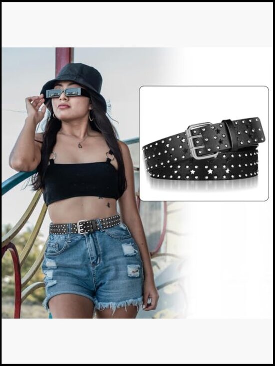 4 Piece Studded Rivet Double Grommet Belt Set - Faux Leather Punk Style main image 7